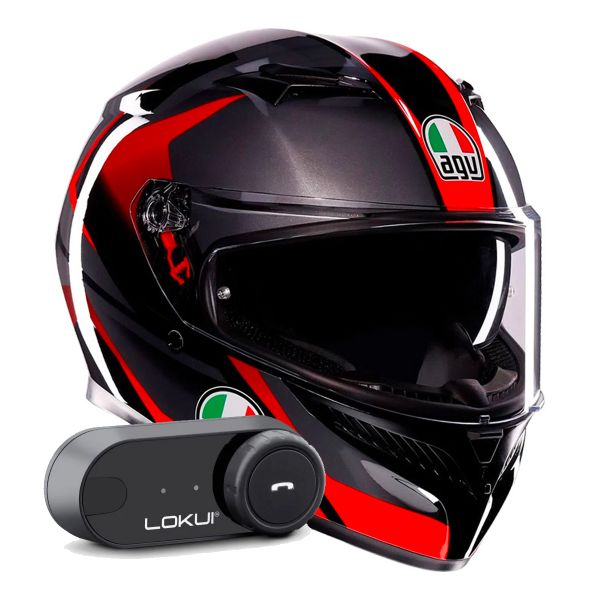 Integrale AGV K3 Striga Black Grey Red + Kit Bluetooth Lokui K30