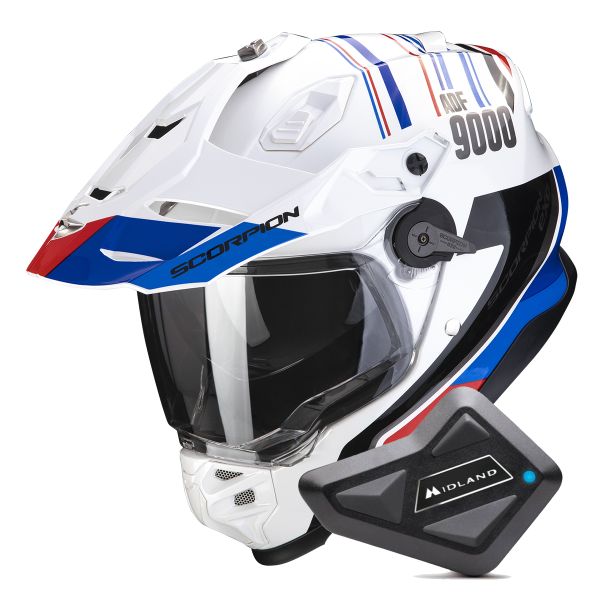 Integrale Scorpion ADF 9000 Air Desert White Blue Red + Kit Bluetooth BT Mini