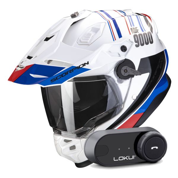 Integrale Scorpion ADF 9000 Air Desert White Blue Red + Kit Bluetooth Lokui K30