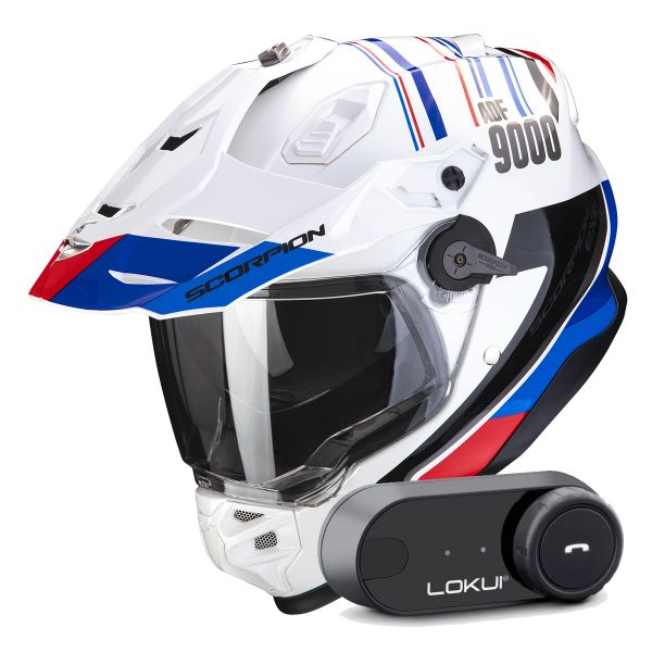 Integrale Scorpion ADF 9000 Air Desert White Blue Red + Kit Bluetooth Lokui K30