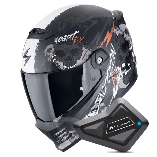 Integrale Scorpion Covert FX Skullz Black Grey Red + Kit Bluetooth BT Mini