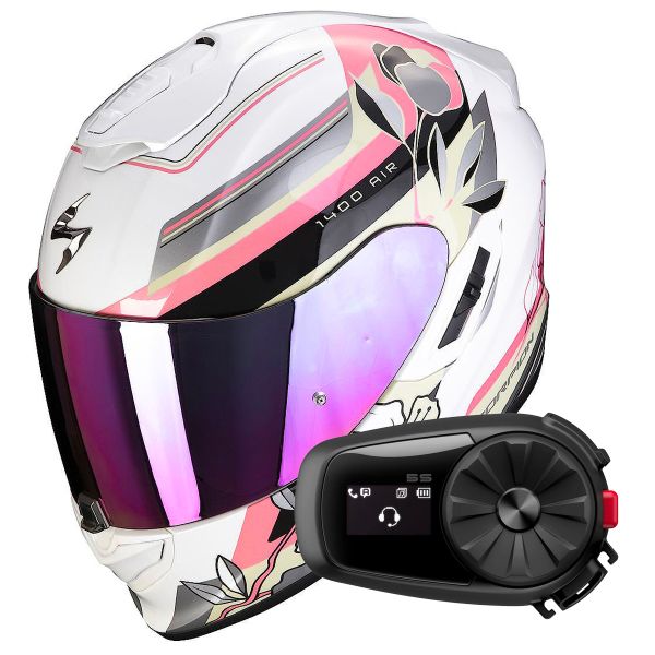 Integrale Scorpion Exo 1400 Evo Air Gaia Pearl White Pink Green + Kit Bluetooth 5S