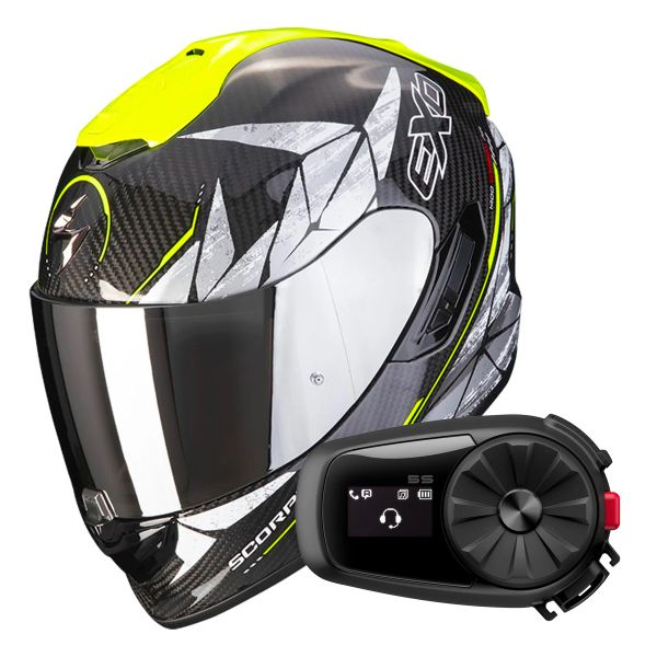 Integrale Scorpion Exo 1400 Evo Carbon Air Aranea Black Neon Yellow + Kit Bluetooth 5S