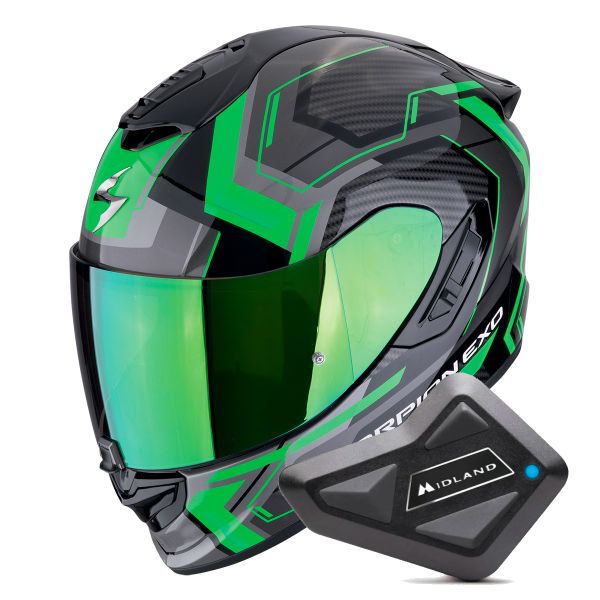 Integrale Scorpion Exo 1400 Evo II Air Linart Black Green + Kit Bluetooth BT Mini