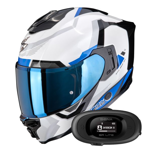 Integrale Scorpion Exo 1500 Air Arena White Blue + Kit bluetooth 5R Lite Solo