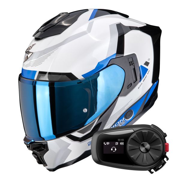 Integrale Scorpion Exo 1500 Air Arena White Blue + Kit Bluetooth 5S Solo