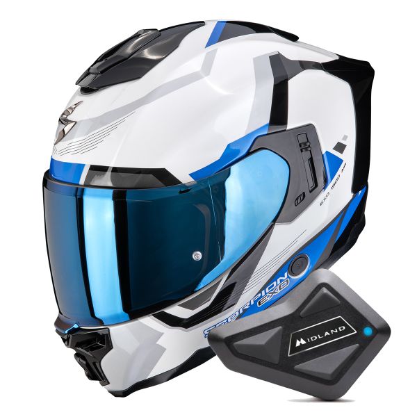 Integrale Scorpion Exo 1500 Air Arena White Blue + Kit Bluetooth BT Mini