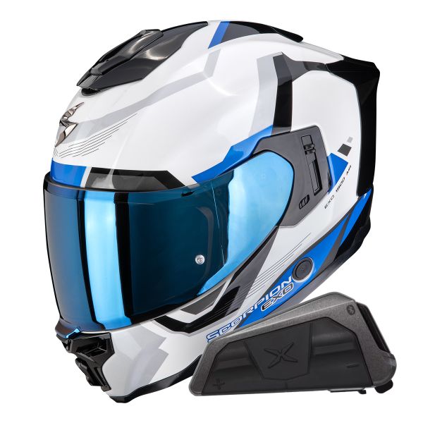 Integrale Scorpion Exo 1500 Air Arena White Blue + Kit bluetooth Exo-Com Link-1