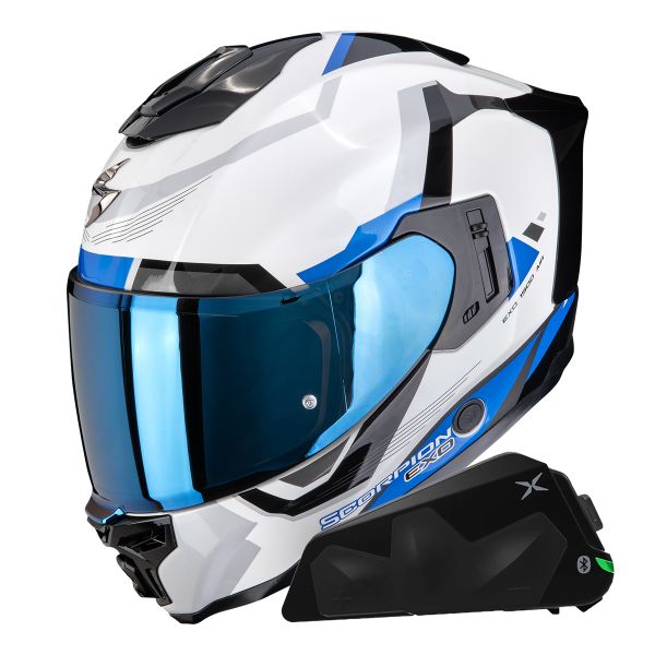 Integrale Scorpion Exo 1500 Air Arena White Blue + Kit bluetooth Exo-Com Link-1C