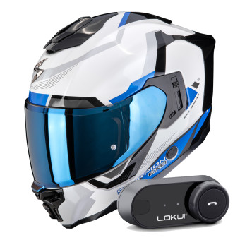 Integrale Scorpion Exo 1500 Air Arena White Blue + Kit Bluetooth Lokui K30