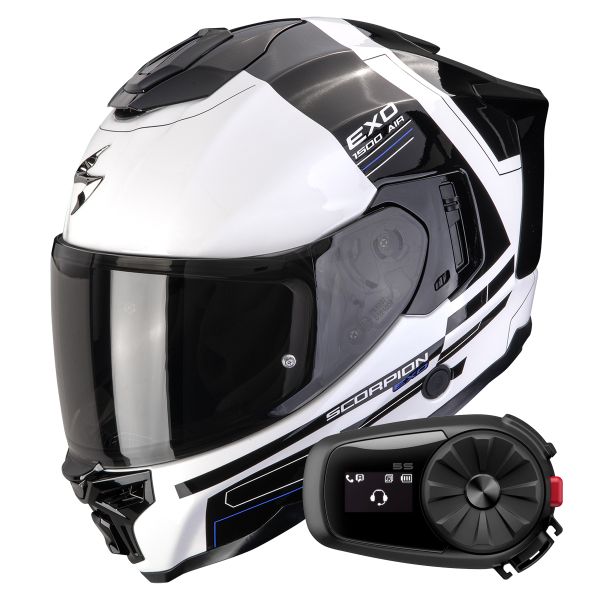 Integrale Scorpion Exo 1500 Air Dual White Black Blue + Kit Bluetooth 5S Solo