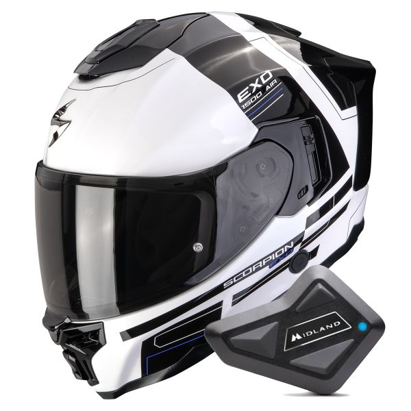 Integrale Scorpion Exo 1500 Air Dual White Black Blue + Kit Bluetooth BT Mini