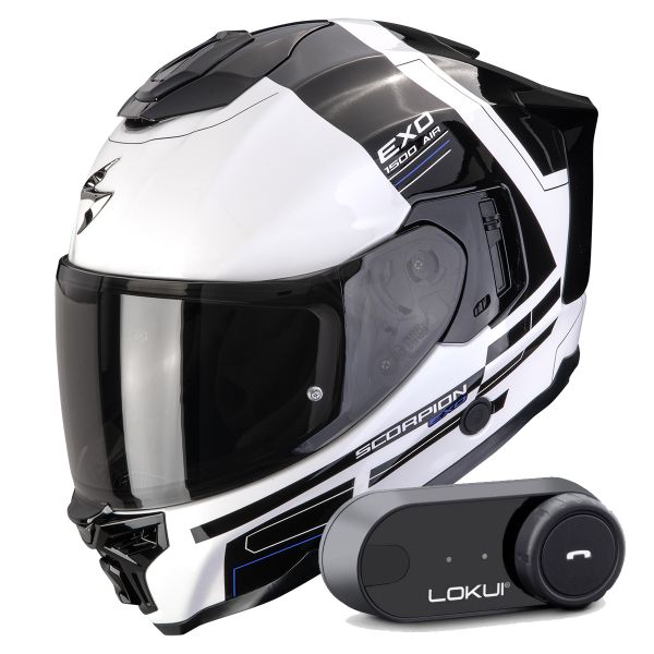 Integrale Scorpion Exo 1500 Air Dual White Black Blue + Kit Bluetooth Lokui K30