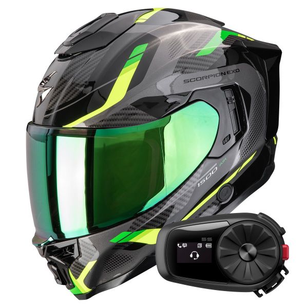 Integrale Scorpion Exo 1500 Air Sleek Black Green + Kit Bluetooth 5S Solo