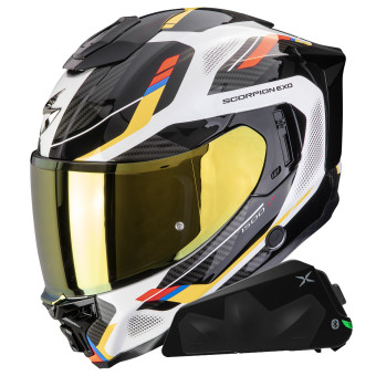 Integrale Scorpion Exo 1500 Air Sleek White Blue Yellow + Kit bluetooth Exo-Com Link-1C
