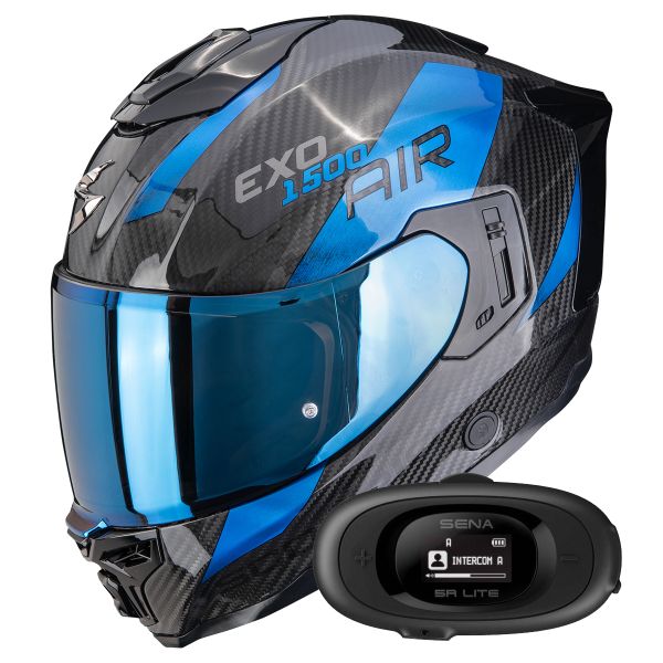 Integrale Scorpion Exo 1500 Carbon Air Platted Black Blue + Kit bluetooth 5R Lite Solo