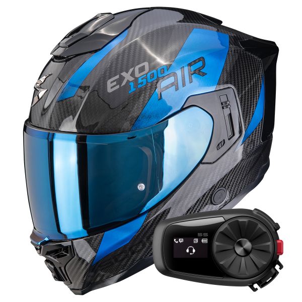 Integrale Scorpion Exo 1500 Carbon Air Platted Black Blue + Kit Bluetooth 5S Solo