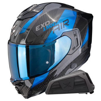 Integrale Scorpion Exo 1500 Carbon Air Platted Black Blue + Kit bluetooth Exo-Com Link-1