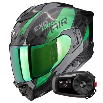 Integrale Scorpion Exo 1500 Carbon Air Platted Black Green + Kit Bluetooth 5S Solo
