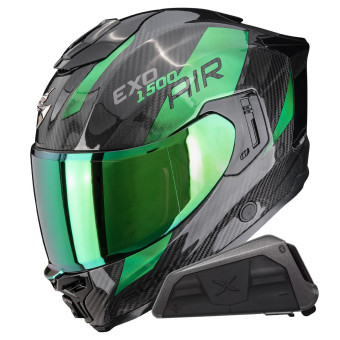 Integrale Scorpion Exo 1500 Carbon Air Platted Black Green + Kit bluetooth Exo-Com Link-1