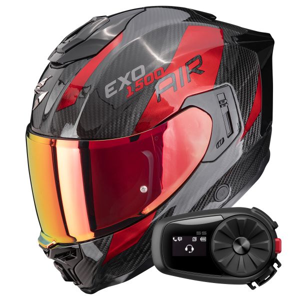 Integrale Scorpion Exo 1500 Carbon Air Platted Black Red + Kit Bluetooth 5S Solo