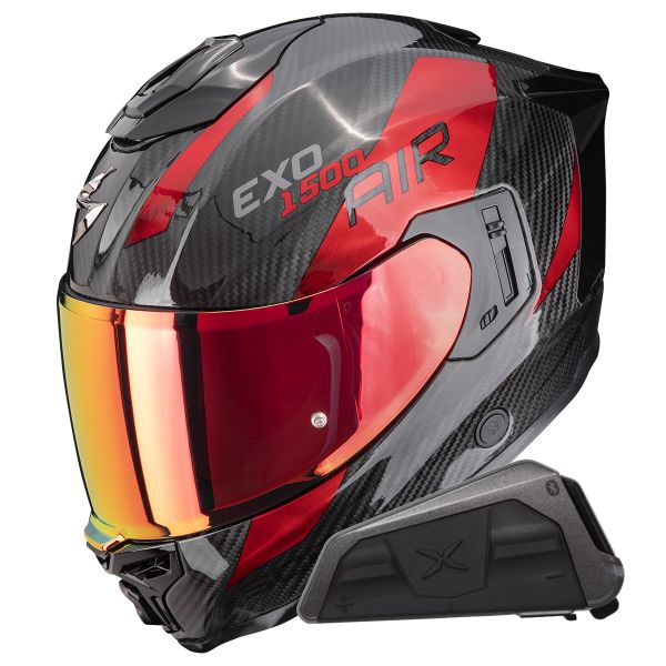 Integrale Scorpion Exo 1500 Carbon Air Platted Black Red + Kit bluetooth Exo-Com Link-1