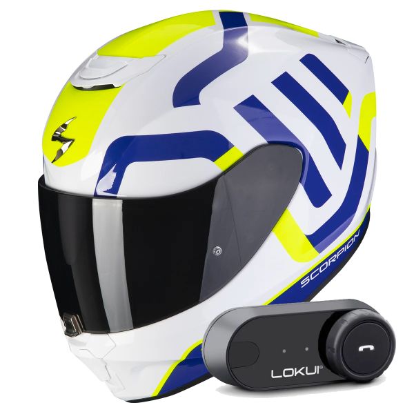 Integrale Scorpion Exo 391 Arok White Blue Neon Yellow + Kit Bluetooth Lokui K30