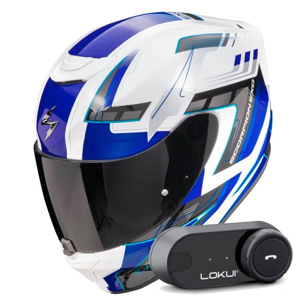 Integrale Scorpion Exo 391 Captor White Blue + Kit Bluetooth Lokui K30