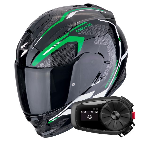 Integrale Scorpion Exo 491 Kripta Black Green White + Kit Bluetooth 5S Solo