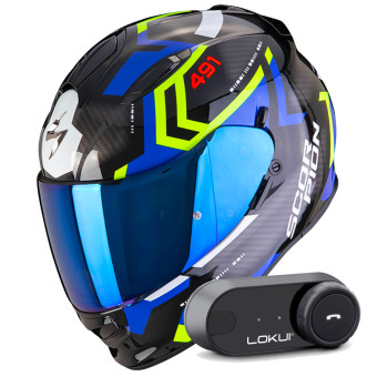 Integrale Scorpion Exo 491 Spin Black Blue Yellow Fluo + Kit Bluetooth Lokui K30