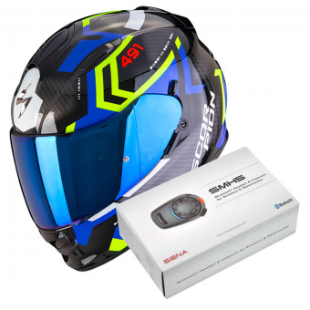 Integrale Scorpion Exo 491 Spin Black Blue Yellow Fluo + Kit Bluetooth SMH5