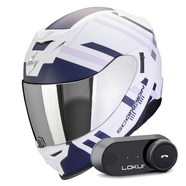 Integrale Scorpion Exo 520 Evo Air Banshee Matt White Blue Purple + Kit Bluetooth Lokui K30