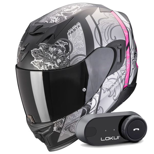 Integrale Scorpion Exo 520 Evo Air Fasta Matt Black Silver Pink + Kit Bluetooth Lokui K30