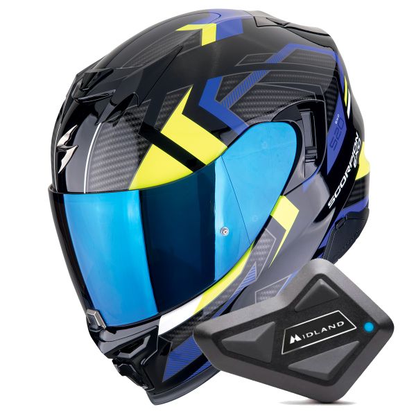 Integrale Scorpion Exo 520 Evo Air Sensus Black Blue Yellow Fluo + Kit Bluetooth BT Mini