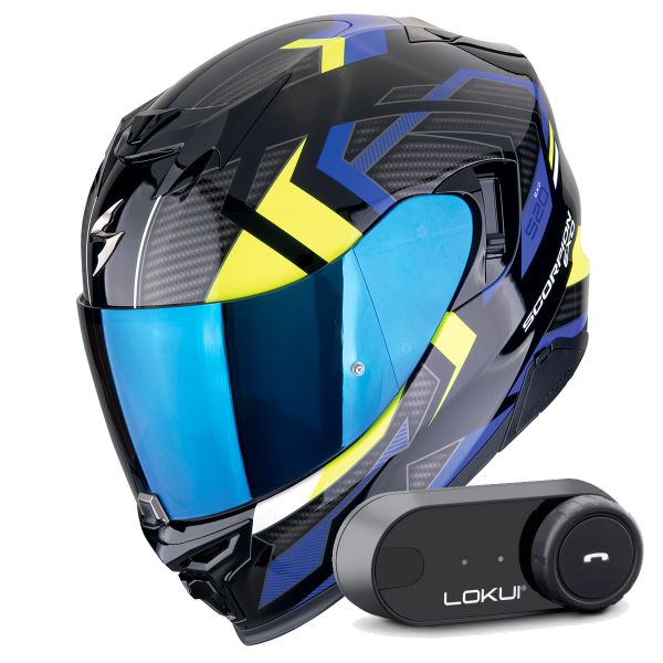 Integrale Scorpion Exo 520 Evo Air Sensus Black Blue Yellow Fluo + Kit Bluetooth Lokui K30