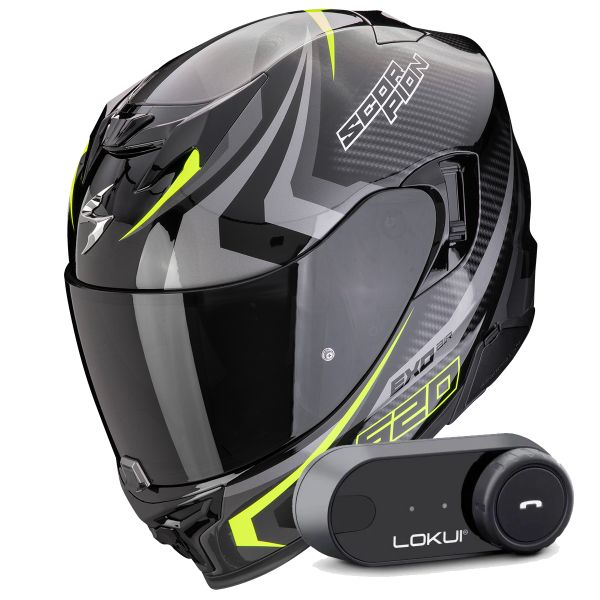 Integrale Scorpion Exo 520 Evo Air Terra Black Silver Yellow Fluo + Kit Bluetooth Lokui K30