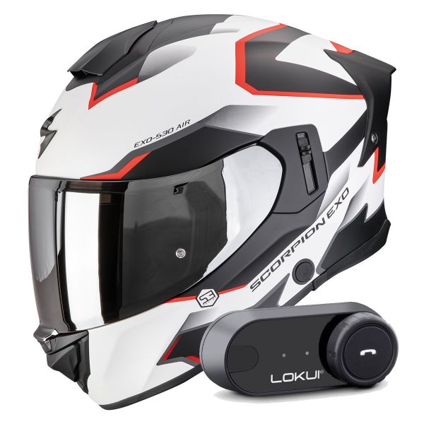 Integrale Scorpion Exo 530 Air Clip Matt White Black Red + Kit Bluetooth Lokui K30