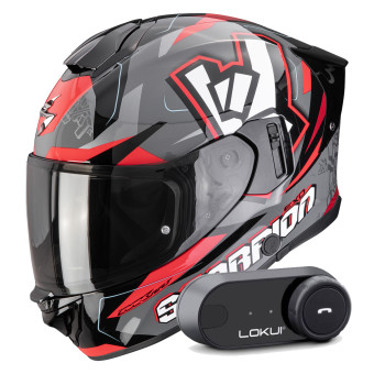 Casque Integrale Scorpion Exo 530 Air Rok Grey Black Red + Kit Bluetooth Lokui K30