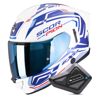 Casque Integrale Scorpion Exo 530 Air Slope White Blue Red + Kit Bluetooth BT Mini Casque Integrale Scorpion Exo 530 Air Slope White Blue Red + Kit Bluetooth BT Mini