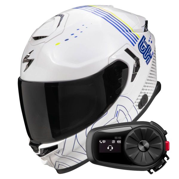 Integrale Scorpion Exo GT SP Air Techlane White Blue Yellow fluo + Kit Bluetooth 5S Solo