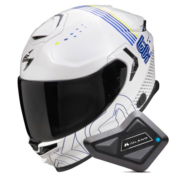 Integrale Scorpion Exo GT SP Air Techlane White Blue Yellow fluo + Kit Bluetooth BT Mini