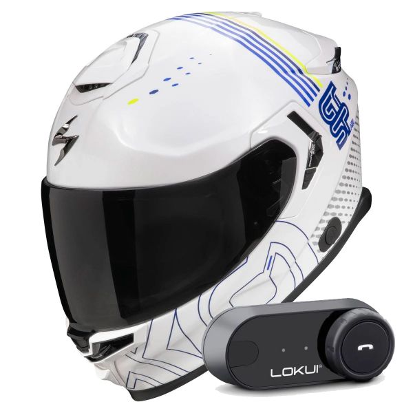 Integrale Scorpion Exo GT SP Air Techlane White Blue Yellow fluo + Kit Bluetooth Lokui K30
