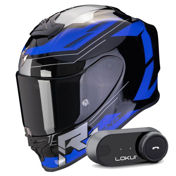 Integrale Scorpion Exo R1 Evo Air Blaze Black Blue + Kit Bluetooth Lokui K30