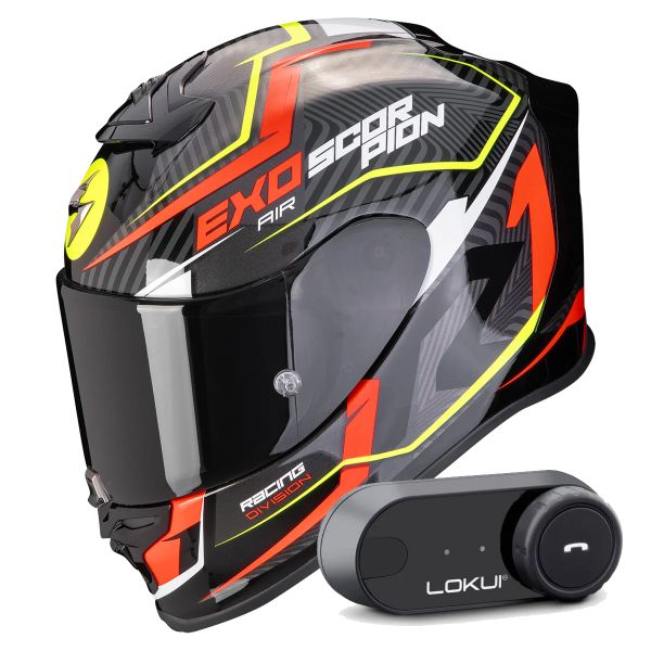 Integrale Scorpion Exo R1 Evo Air Coup Black Red Yellow Fluo + Kit Bluetooth Lokui K30