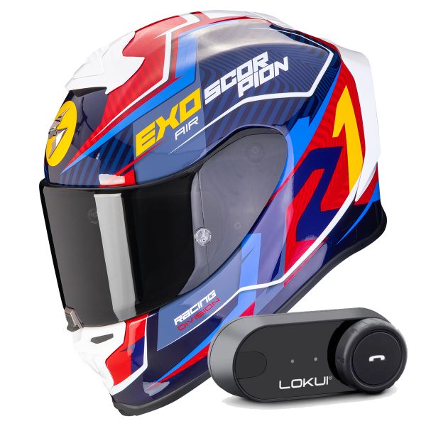 Integrale Scorpion Exo R1 Evo Air Coup Blue Red Yellow + Kit Bluetooth Lokui K30