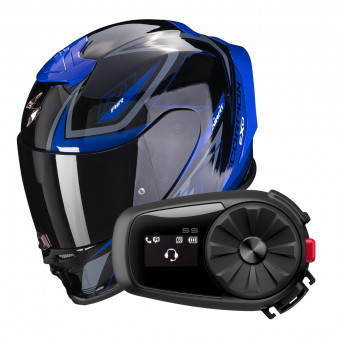 Integrale Scorpion Exo R1 Evo Air Gaz Metal Black Blue + Intercom Sena 5S