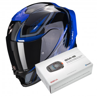 Integrale Scorpion Exo R1 Evo Air Gaz Metal Black Blue + Intercom Sena SMH5