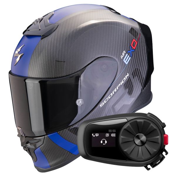 Integrale Scorpion Exo R1 Evo Carbon Air MG Matt Black Blue + Kit Bluetooth 5S Solo