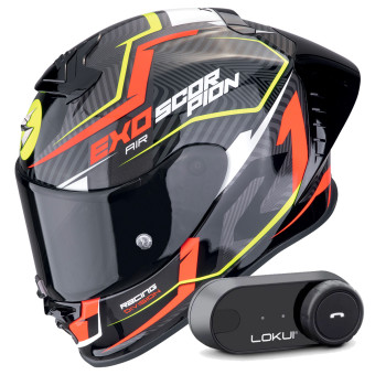 Integrale Scorpion Exo R1 Evo II Air Coup Black Red Yellow Fluo + Kit Bluetooth Lokui K30