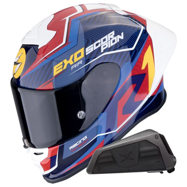 Integrale Scorpion Exo R1 Evo II Air Coup Black Red Yellow + Kit bluetooth Exo-Com Link-1
